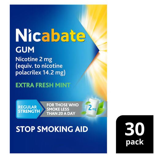 Nicabate Gum Stop Smoking Nicotine 2mg Regular Strength Extra Fresh Mint 30 Pack