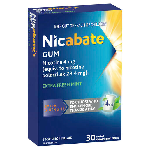 Nicabate Gum Stop Smoking Nicotine 4mg Extra Strength Extra Fresh Mint 30 Pack