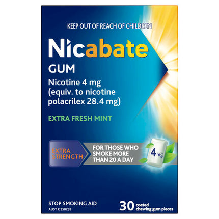 Nicabate Gum Stop Smoking Nicotine 4mg Extra Strength Extra Fresh Mint 30 Pack