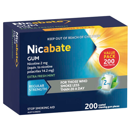 Nicabate Gum Stop Smoking Nicotine 2mg Regular Strength Extra Fresh Mint Coated Chewing Gum 200 Pack