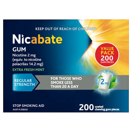 Nicabate Gum Stop Smoking Nicotine 2mg Regular Strength Extra Fresh Mint Coated Chewing Gum 200 Pack