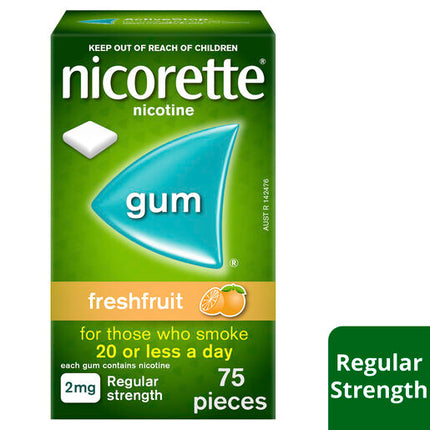 Nicorette Gum Fresh Fruit Regular Strength 2mg 75 Pieces