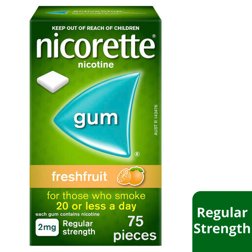 Nicorette Gum Fresh Fruit Regular Strength 2mg 75 Pieces