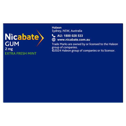 Nicabate Gum Stop Smoking Nicotine 2mg Regular Strength Extra Fresh Mint Coated Chewing Gum 100 Pack