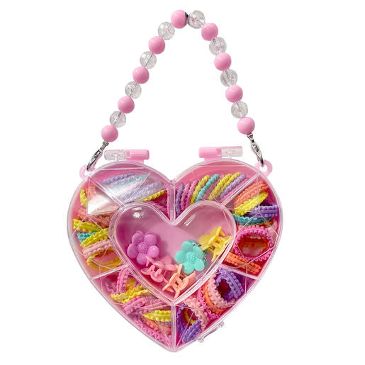 Hair Accessories Set in Heart Case with Clips Ties & Beaded Handle