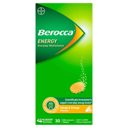 Berocca Energy Mango & Orange Effervescent Tablets 30 Pack