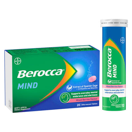 Berocca Mind Mixed Berries Effervescent Tablets, Vitamin B & C, Magnesium, Zinc and Extract of Spanish Sage 20 Pack