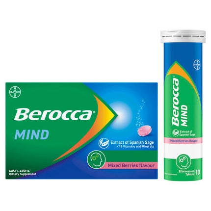 Berocca Mind Mixed Berries Effervescent Tablets, Vitamin B & C, Magnesium, Zinc and Extract of Spanish Sage 20 Pack