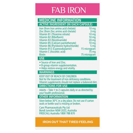 FAB Iron + Vitamin B Complex & Zinc 60 Capsules