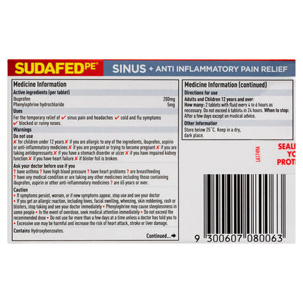 Sudafed PE Sinus + Anti Inflammatory Pain Relief 48 Tablets
