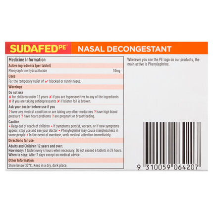 Sudafed PE Nasal Decongestant 24 Tablets