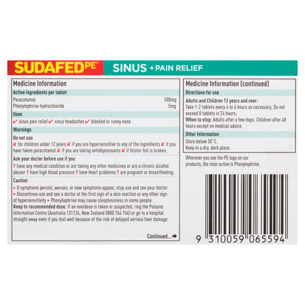 Sudafed PE Sinus + Pain Relief 24 Tablets