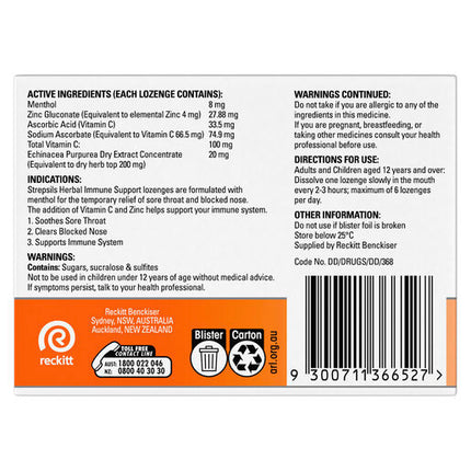 Strepsils Herbal Immune Support Honey & Lemon 16 Lozenges
