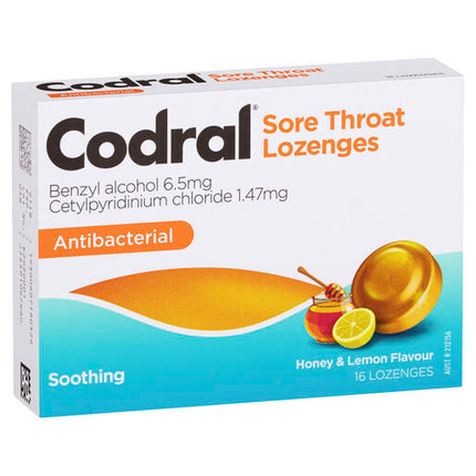 Codral Sore Throat Lozenges Antibacterial Honey & Lemon 16 Pack