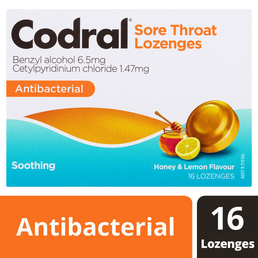 Codral Sore Throat Lozenges Antibacterial Honey & Lemon 16 Pack