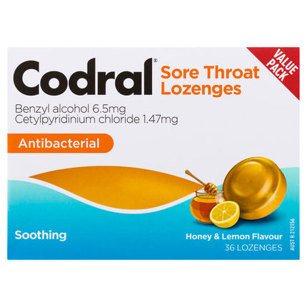 Codral Sore Throat Lozenges Antibacterial Honey & Lemon 36 Pack