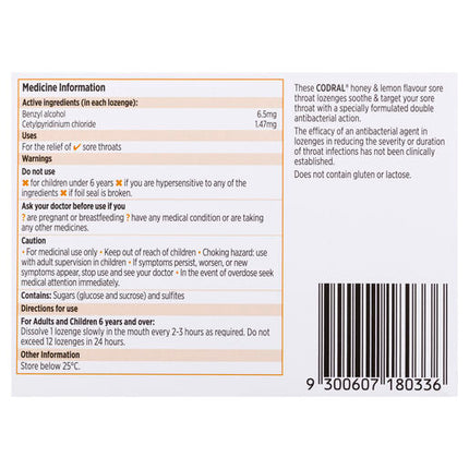 Codral Sore Throat Lozenges Antibacterial Honey & Lemon 36 Pack