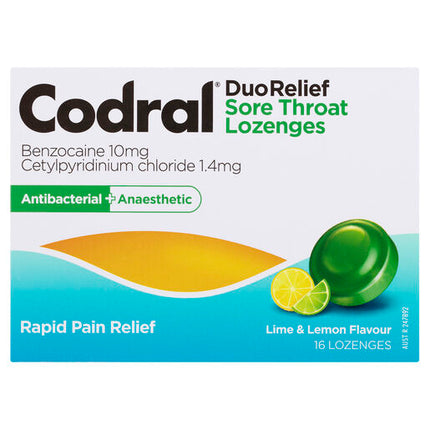 Codral Duo Relief Sore Throat Lozenges Antibacterial + Anaesthetic Lime & Lemon 16 Pack