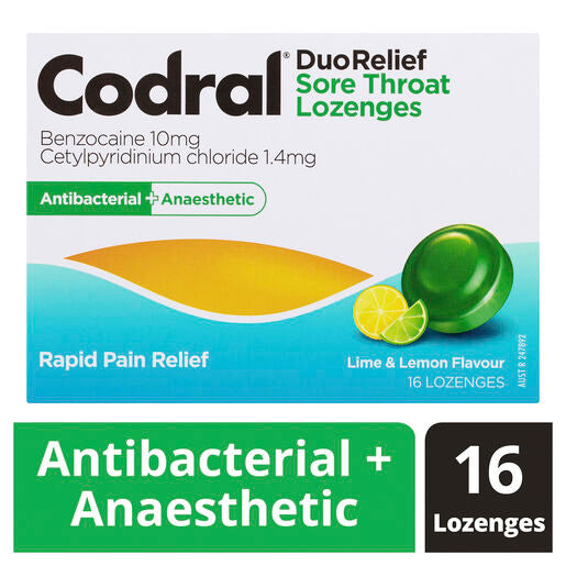 Codral Duo Relief Sore Throat Lozenges Antibacterial + Anaesthetic Lime & Lemon 16 Pack