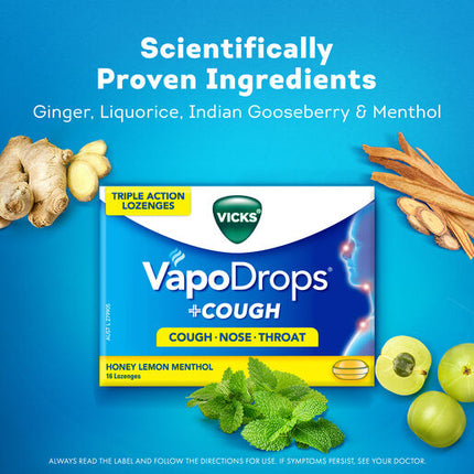 Vicks VapoDrops +Cough Honey Lemon Menthol 16 Lozenges