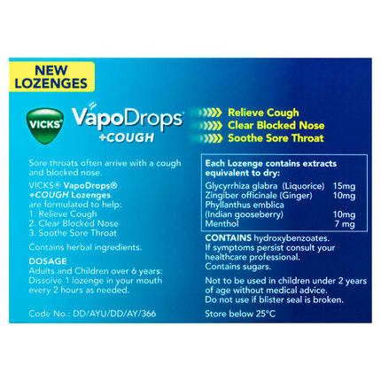 Vicks VapoDrops +Cough Honey Lemon Menthol 16 Lozenges