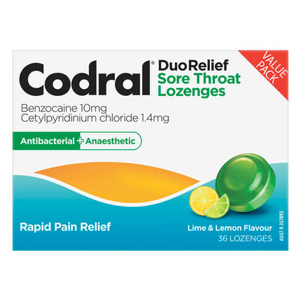 Codral Sore Throat Lozenges Antibacterial + Anaesthetic Lime & Lemon 36 Pack