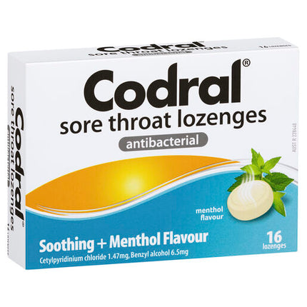 Codral Sore Throat Lozenges Antibacterial Menthol 16 Pack