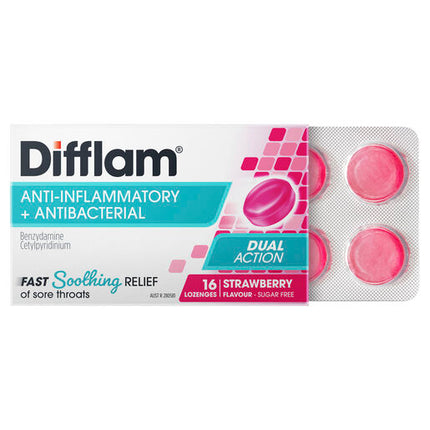 Difflam Sore Throat Sugar Free Strawberry 16 Lozenges