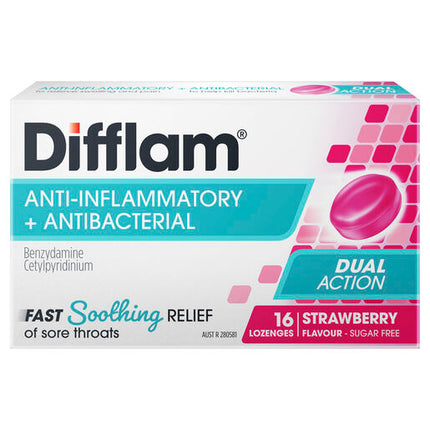 Difflam Sore Throat Sugar Free Strawberry 16 Lozenges