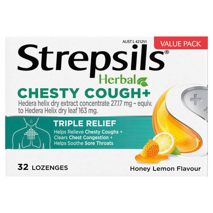 Strepsils Herbal Chesty Cough Honey Lemon Flavour 32 Lozenges