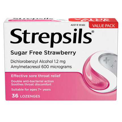 Strepsils Sugar Free Strawberry 36 Lozenges