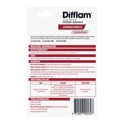Difflam Antibacterial Sore Throat Gargle with Iodine Concentrate 15mL