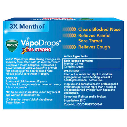 Vicks VapoDrops Xtra Strong Lemon Menthol Blast 36 Lozenges - Cough & Cold