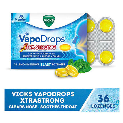 Vicks VapoDrops Xtra Strong Lemon Menthol Blast 36 Lozenges - Cough & Cold