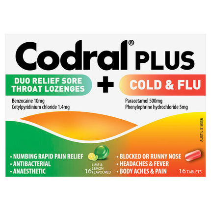 Codral Plus Cold & Flu 16s + Sore Throat Lozenges 16s
