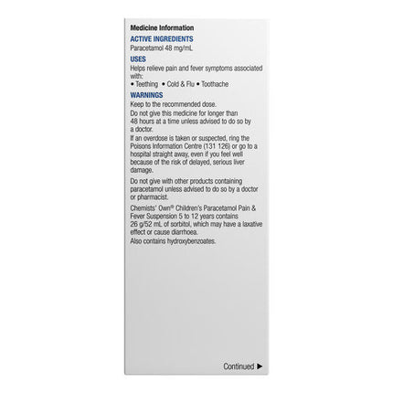 Chemists' Own Children's Paracetamol Pain & Fever 5-12 Years Suspension 100mL