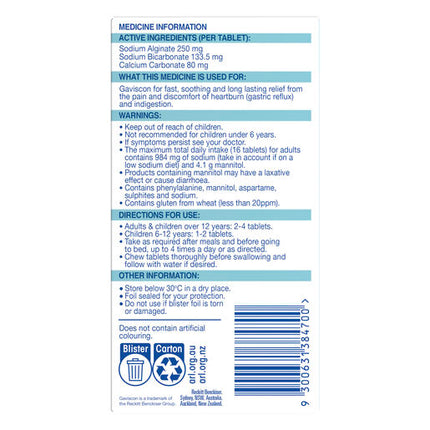 Gaviscon Heartburn & Indigestion Relief Peppermint 24 Chewable Tablets
