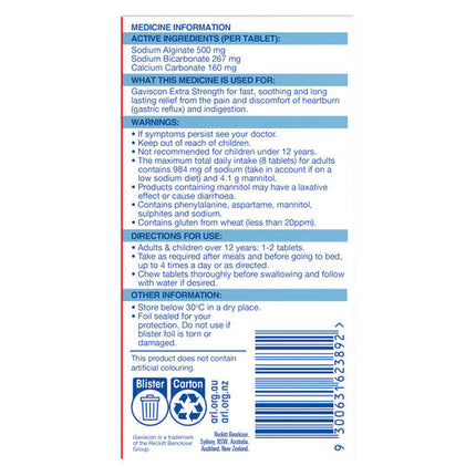 Gaviscon Extra Strength Heartburn & Indigestion Relief Peppermint 24 Tablets