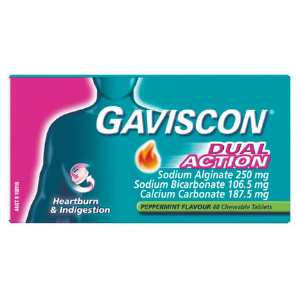 Gaviscon Dual Action Heartburn & Indigestion Relief Peppermint 48 Chewable Tablets