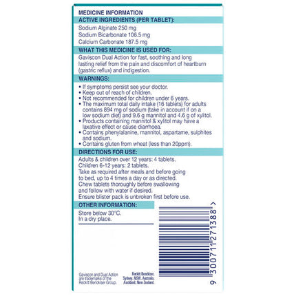 Gaviscon Dual Action Heartburn & Indigestion Relief Peppermint 48 Chewable Tablets