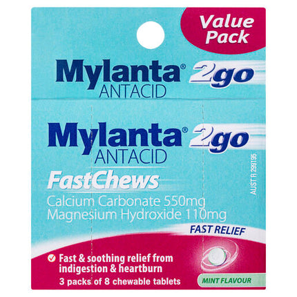 Mylanta 2Go Antacid FastChews Tablets Mint 3 x 8 Pack