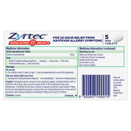 Zyrtec Rapid Acting Hayfever Allergy Relief Antihistamine Mini Tablets 5 Pack