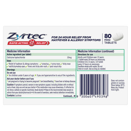 Zyrtec Rapid Acting Allergy & Hayfever Mini Tablets 80 Pack
