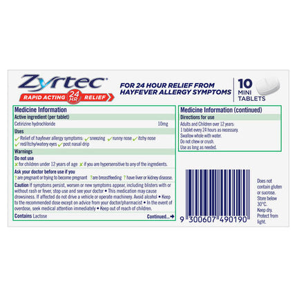 Zyrtec Rapid Acting Allergy & Hayfever Mini Tablets 10 Pack