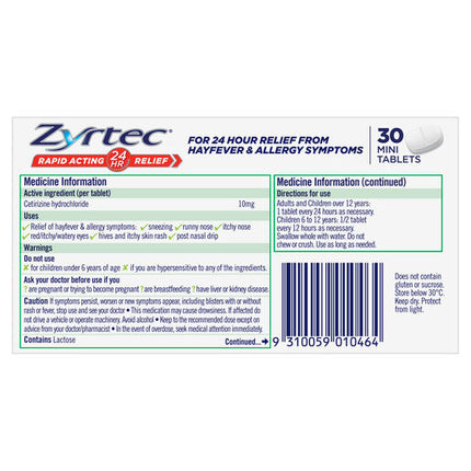 Zyrtec Rapid Acting Allergy & Hayfever Mini Tablets 30 Pack