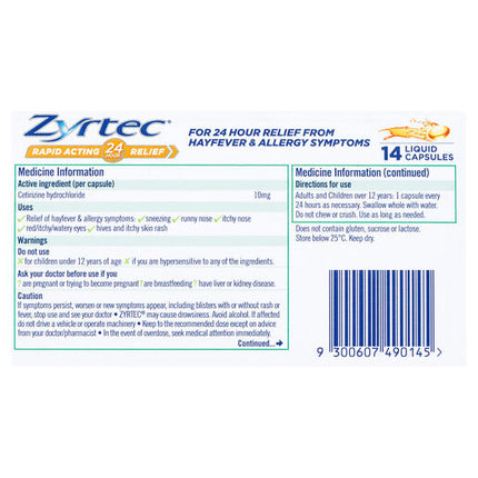 Zyrtec Rapid Acting Relief Hayfever & Allergy Liquid Capsules 14 Pack