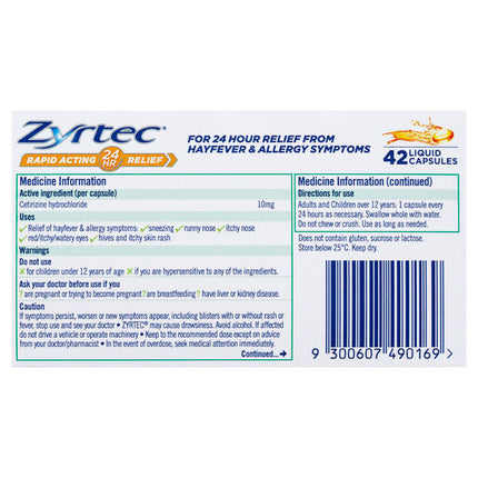Zyrtec Rapid Acting Relief Hayfever & Allergy Liquid Capsules 42 Pack