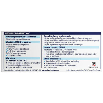 Allertine 20mg Tablets 30 - Bilastine (S2)