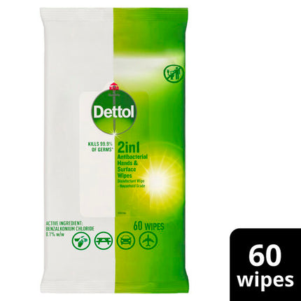 Dettol 2in1 Hands & Surface Anti-Bacterial Wipes 60 Pack
