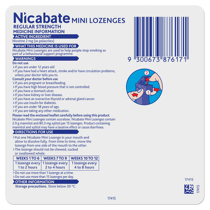 Nicabate Mini Lozenge Stop Smoking Nicotine 2mg Regular Strength Mint 20 Pack